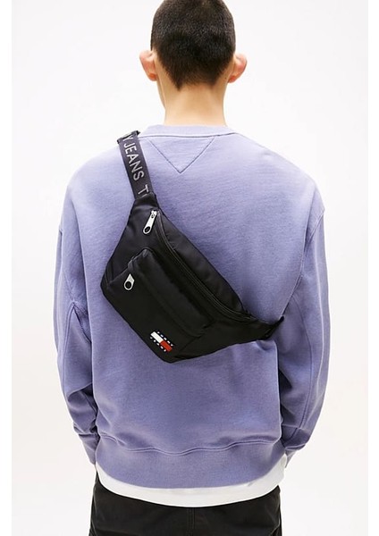 Erkek Yazı Şeritli Bum Bag Askılı Bel Çantası - Siyah indirimleri