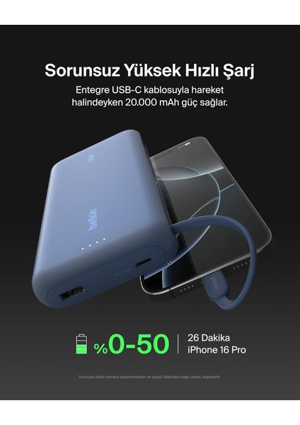 BPB024HQBL 20K 30W Powerbank – Entegre USB‑C Kabloyla - Mavi modelleri