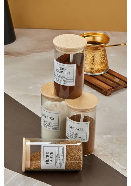 4lü 500ML Ahşap Kapaklı Filtre Kahve&türk Kahvesi&nescafe&süttozu Kavanozu Etiketli Saklama Kabı modelleri