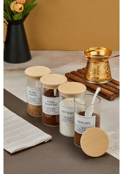 4lü 500ML Ahşap Kapaklı Filtre Kahve&türk Kahvesi&nescafe&süttozu Kavanozu Etiketli Saklama Kabı indirimleri