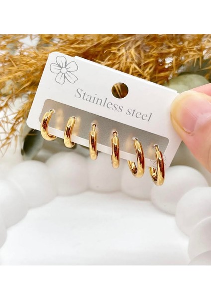 316L Çelik Paslanmaz Set Halka Model Gold Renk 6 Adet Kadın Küpe