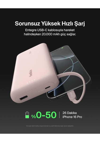 Boostcharge Powerbank, 20K Entegre Kablolu Taşınabilir Güç Kaynağı, 30 W Güç Iletimli Hızlı Şarj, Usb-C, Pembe modelleri