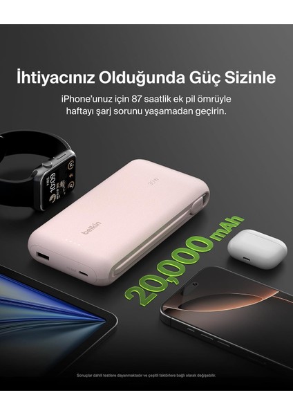 Boostcharge Powerbank, 20K Entegre Kablolu Taşınabilir Güç Kaynağı, 30 W Güç Iletimli Hızlı Şarj, Usb-C, Pembe