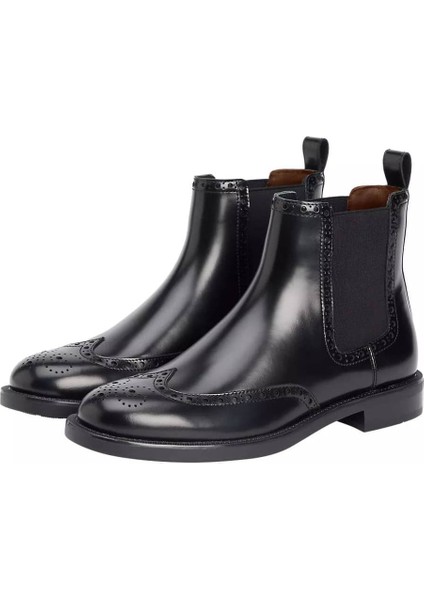 Erkek Parlak Brogue Detaylı Chelsea Bot - Siyah