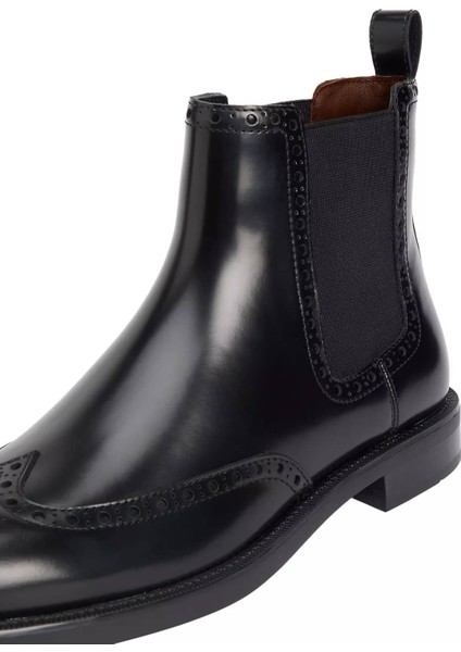 Erkek Parlak Brogue Detaylı Chelsea Bot - Siyah