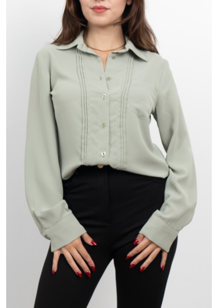 Nervür Dikişli Cepli Şifon Gömlek 7998