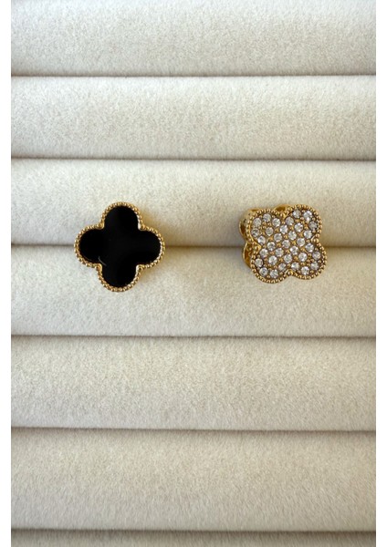 Zirkon - Siyah Taşlı Çift Taraflı Küpe Paslanmaz Çelik Küpe