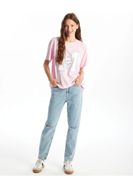 Xsıde Mavi Yüksek Bel Mom Fit Yırtık Detaylı Kadın Jean Pantolon