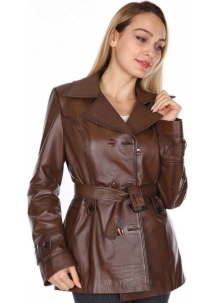 Hakiki Deri Kahverengi Kemerli Düğmeli Kadın Ceket fiyatları