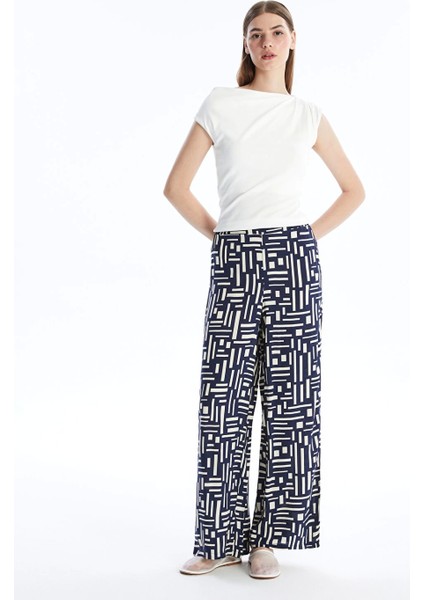Lcw Modest Mavi Beli Lastikli Desenli Kadın Palazzo Pantolon
