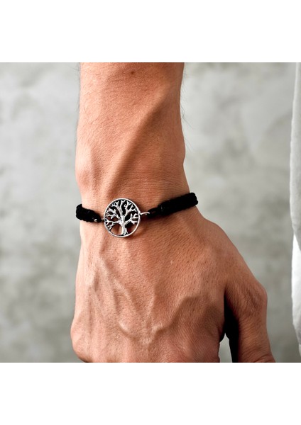Gümüş Yaşam Ağacı Bileklik 925 Ayar Gümüş Hayat Ağacı Figürlü Ip Örgü Unisex Bileklik