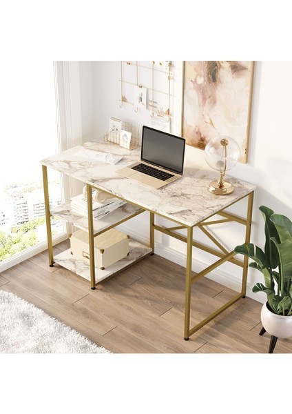 Atlantis 120CMGOLD Metal Çalışma Masası Raflı Mermer Desen ATL23-GE