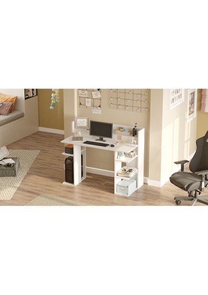 Pantego 124CM Çalışma Masası Bilgisayar Masası Raflı Beyaz Pan1-W fırsatları