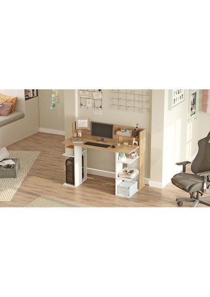 Pantego 124CM Çalışma Masası Bilgisayar Masası Raflı Beyaz Pan1-Sw fırsatları