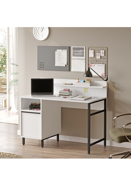 Bohem Çalışma Masası 60X120CM Raflı Dolaplı Metal Ayaklı Beyaz BOH16-W