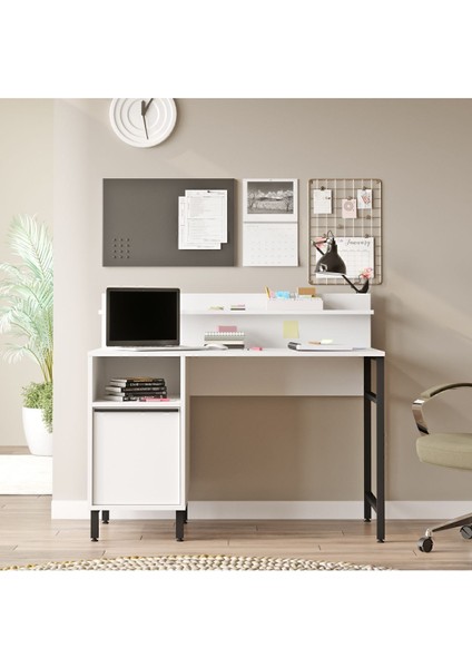 Bohem Çalışma Masası 60X120CM Raflı Dolaplı Metal Ayaklı Beyaz BOH16-W fiyatları