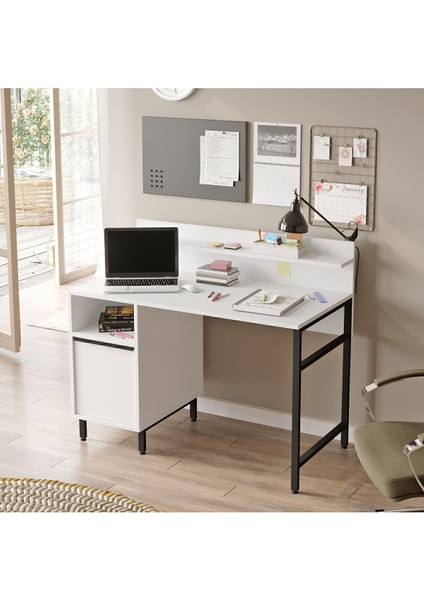 Bohem Çalışma Masası 60X120CM Raflı Dolaplı Metal Ayaklı Beyaz BOH16-W modelleri