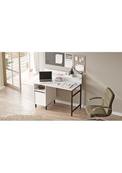 Bohem Çalışma Masası 60X120CM Raflı Dolaplı Metal Ayaklı Beyaz BOH16-W fırsatları