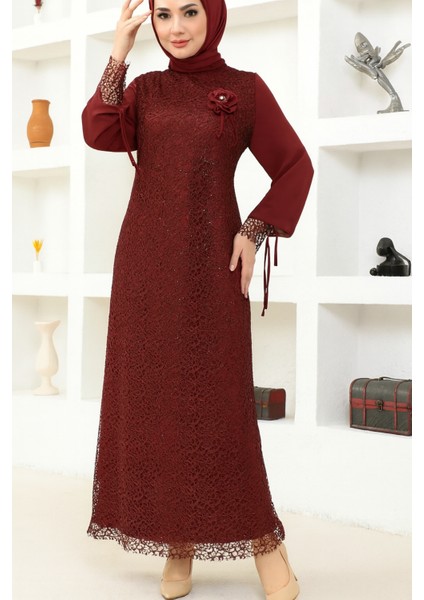 Kadın Giyim Abiye Moda File Pullu Güllü Tesettür Abiye Elbise 2517