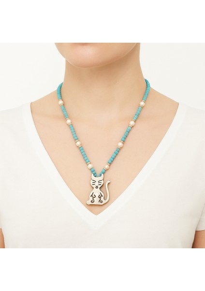 Antik Gümüş Kaplama Turkuaz Taşlı ve Cam Incili Kedili Kolye