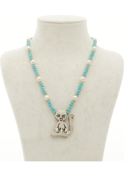 Antik Gümüş Kaplama Turkuaz Taşlı ve Cam Incili Kedili Kolye fiyatları