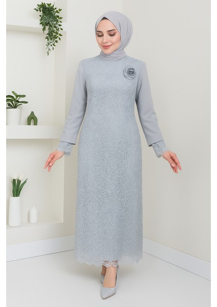 Kadın Giyim Abiye Moda File Pullu Güllü Tesettür Abiye Elbise 2517 modelleri