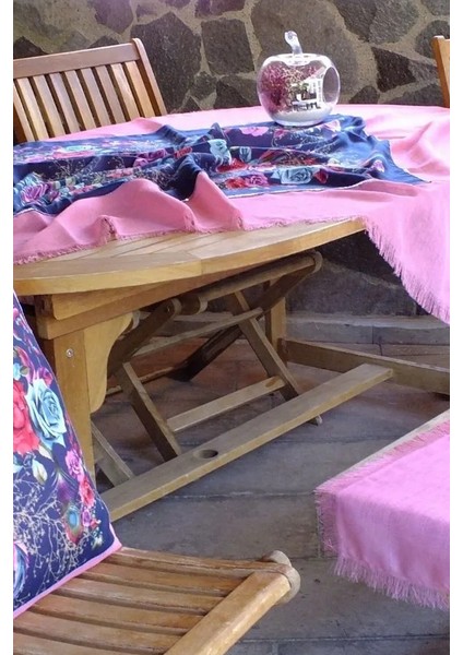 Pembe Lacivert El Yapımı Masa Örtüsü Seti (Yazma; 2 Adet Kırlent Kılıfı; Runner)