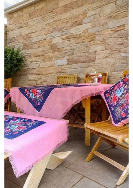 Pembe Lacivert El Yapımı Masa Örtüsü Seti (Yazma; 2 Adet Kırlent Kılıfı; Runner) modelleri