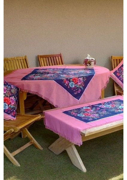 Pembe Lacivert El Yapımı Masa Örtüsü Seti (Yazma; 2 Adet Kırlent Kılıfı; Runner) fırsatları