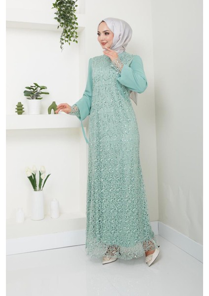 Kadın Giyim Abiye Moda File Pullu Güllü Tesettür Abiye Elbise 2517