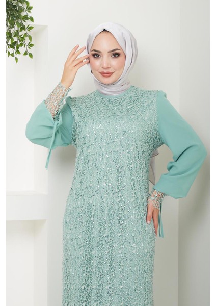 Kadın Giyim Abiye Moda File Pullu Güllü Tesettür Abiye Elbise 2517 fiyatları