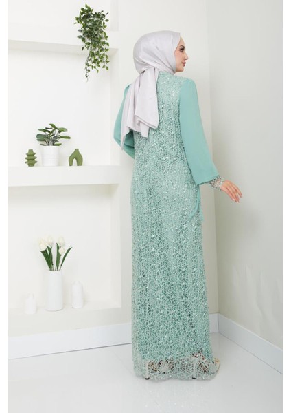 Kadın Giyim Abiye Moda File Pullu Güllü Tesettür Abiye Elbise 2517 fırsatları
