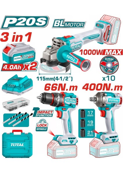 Akülü Set 3'lü - Darbeli Matkap + Avuç Taşlama + Somun Sıkma + 2x4 Ah Set TOSLI241291E