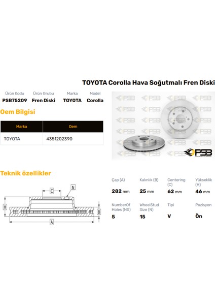 Fren Diski Ön 282MM Toyota Corolla Hybrid 1.8 Vvtı 2019- Corolla 1.5 Benz. 2021- Oem Kodu - 43512-02390PSB75209