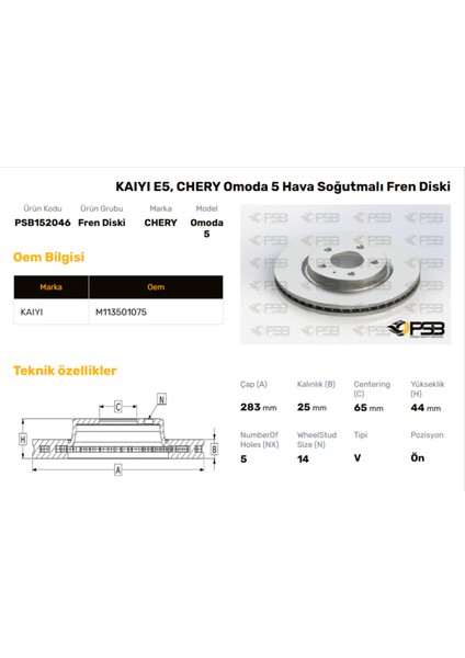 Fren Diski Ön 283MM Chery Tiggo Pro 8 1.6 Tgdı 2022- Odoma 5 1.6 Tgdı 2023- Oem Kodu - M113501075-PSB152046