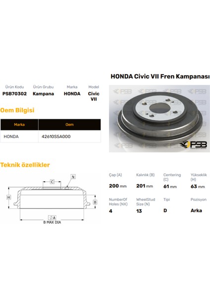 Fren Kampanası Arka 200MM Honda Cıvıc 2000-2005 Oem Kodu - 42610-S5A-000-PSB70302
