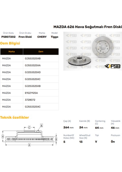 Fren Diski Ön 264MM Mazda 626 1988-1991 Oem Kodu - GJ55-33-25XC-PSB07202