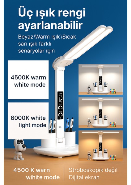 Çift Başlıklı LED Masa Lambası – Katlanabilir, Dokunmatik, Takvimli ve Saatli USB Okuma Lambası | Yatak Odası ve Çalışma Masası Için Çok Fonksiyonlu Aydınlatma