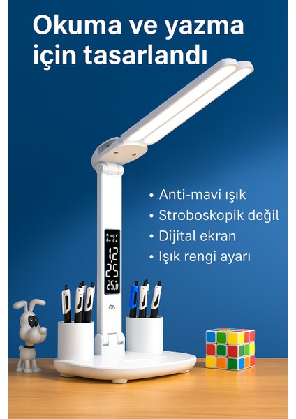 Çift Başlıklı LED Masa Lambası – Katlanabilir, Dokunmatik, Takvimli ve Saatli USB Okuma Lambası | Yatak Odası ve Çalışma Masası Için Çok Fonksiyonlu Aydınlatma