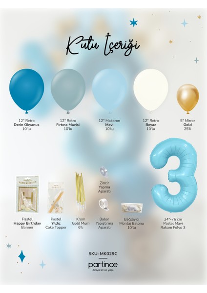 3 Yaş Balonu Doğum Günü Balon Zinciri Pastel Mavi Parti Seti fiyatları