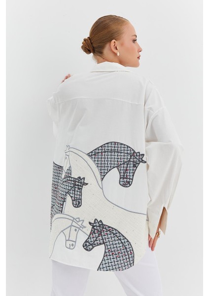 Arkası Gri At İşlemeli Oversize Gömlek modelleri