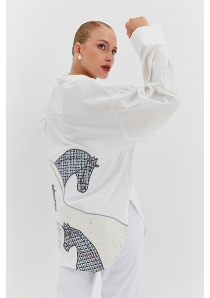 Arkası Gri At İşlemeli Oversize Gömlek fırsatları