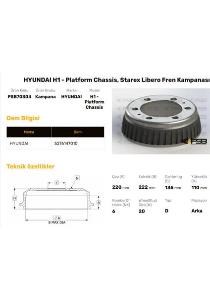 Fren Kampanası Arka 220MM Hyundaı Starex Libero 1998- Oem Kodu - 52761-47010-PSB70304