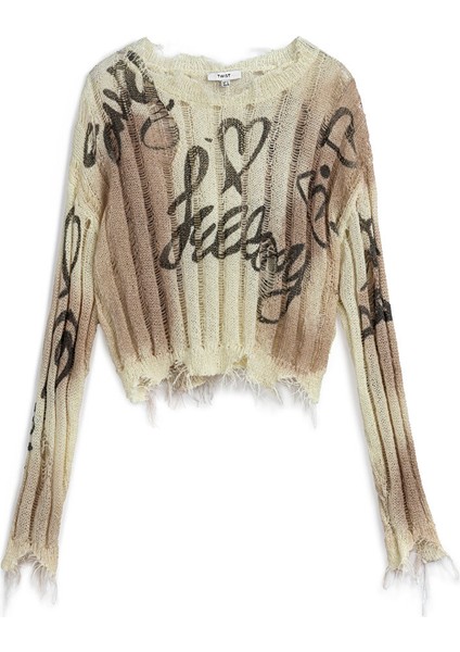 Slogan Baskılı Eskitme Efektli Kazak TW6250050178018 indirimleri