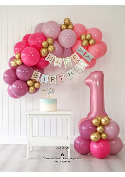 1 Yaş Balonu Doğum Günü Balon Zinciri Pastel Pembe Parti Seti
