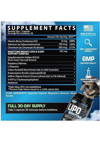 Lipo 6 Nighttime Fat Burner Sleep Aid Weight Loss Metabolism Appetite 5-Htp+Theanine+Saffron fiyatları