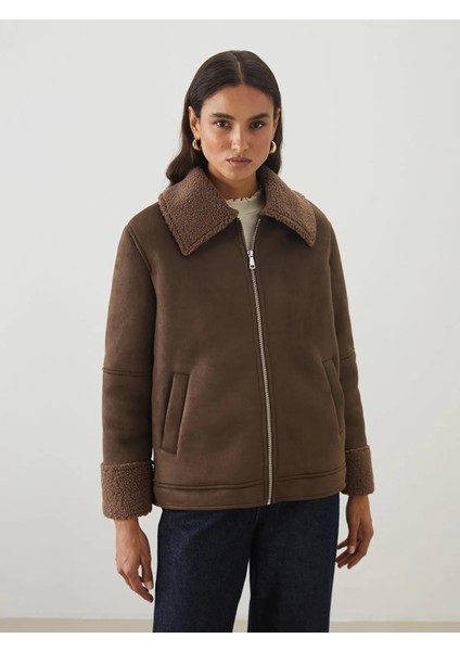 Lcw Modest Gömlek Yaka Oversize Kadın Süet Görünümlü Mont (W5)
