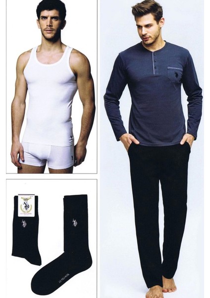 Erkek Damat Çeyiz Pijama Çamaşır Takım 4Lü Lacivert 17394