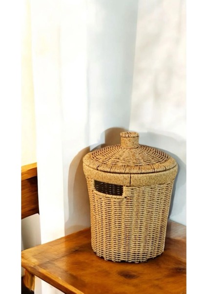Wicker Orta Boy Hasır Kapaklı Patates Soğan Sepet Sunum Sebzelik Örgü Çamaşır Sepeti Dekor