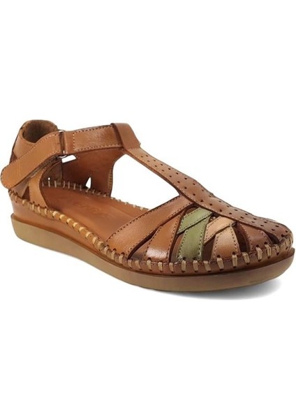 25033540 Günlük Hakiki Deri Bayan Sandalet-Taba